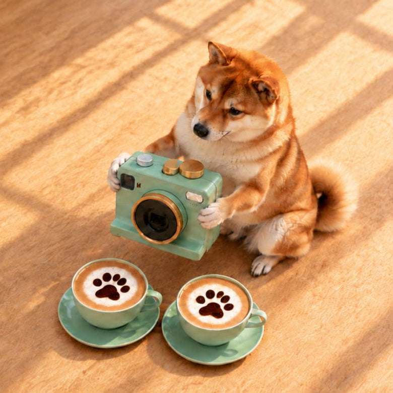 A beautifully crafted latte beside a cheerful Shiba Inu